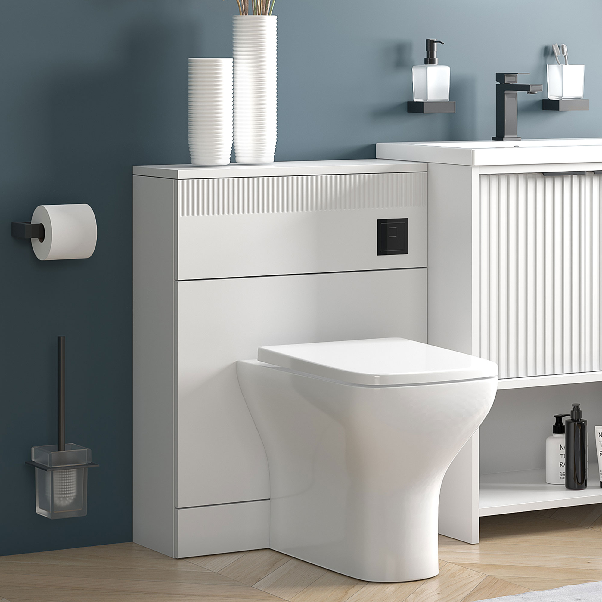 Fluted Back-to-wall Unit | Cistern | Black Flush Button | Toilet Pan & Seat