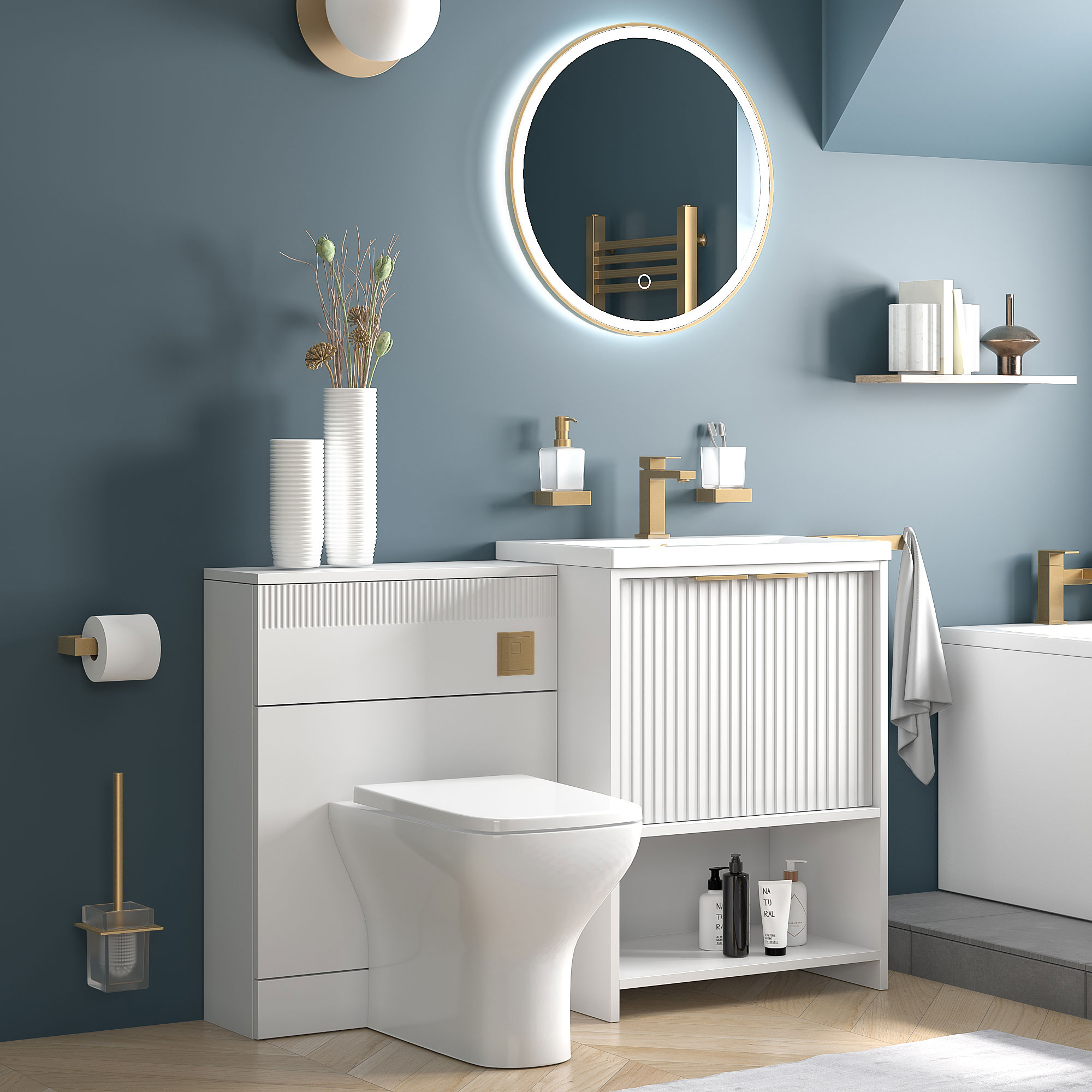 Vanity and WC Unit | Gold Handle, Tap, Waste & Flushbutton