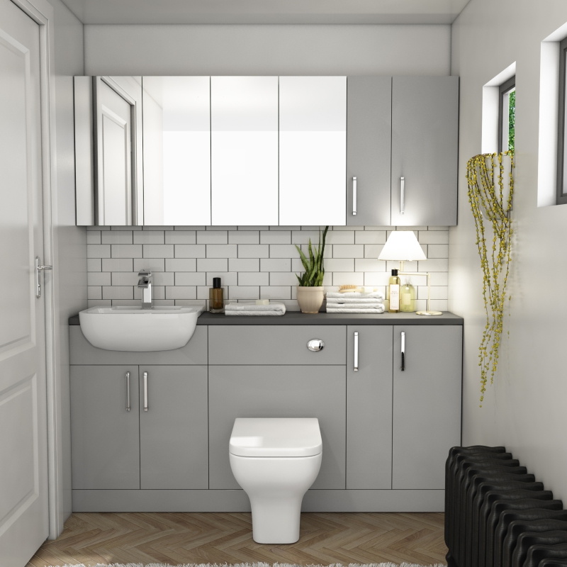 Oliver Fitted Suite w Mirror Cabinets: Dove Grey