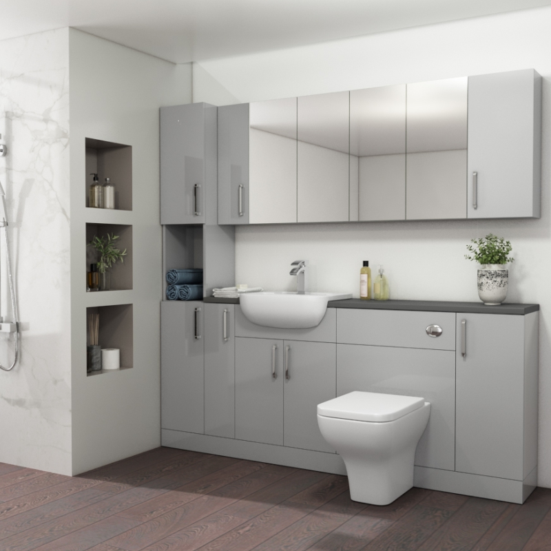 Oliver Fitted Suite w Mirror Cabinets: Dove Grey
