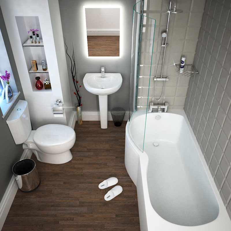 P SHAPED SHOWER BATH SUITE | LEFT HAND | WITH BC DELUXE BAR THERMOSTATIC SHOWER VALVE