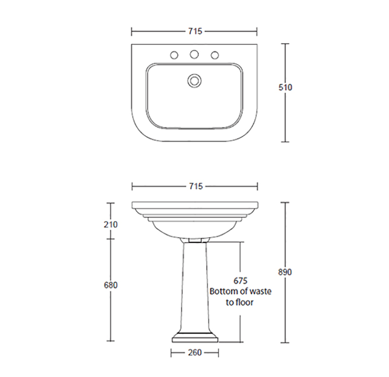Carlyon Large Basin 715mm with Pedestal Specification Drawing Carlyon Large Basin 715mm With Pedestal Specification Drawing