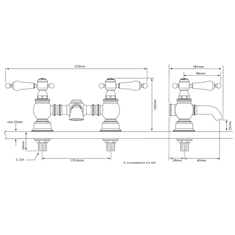 Line drawing of Glastonbury Bath Filler Chrome Glastonbury Bath Filler Chrome Specification Diagram