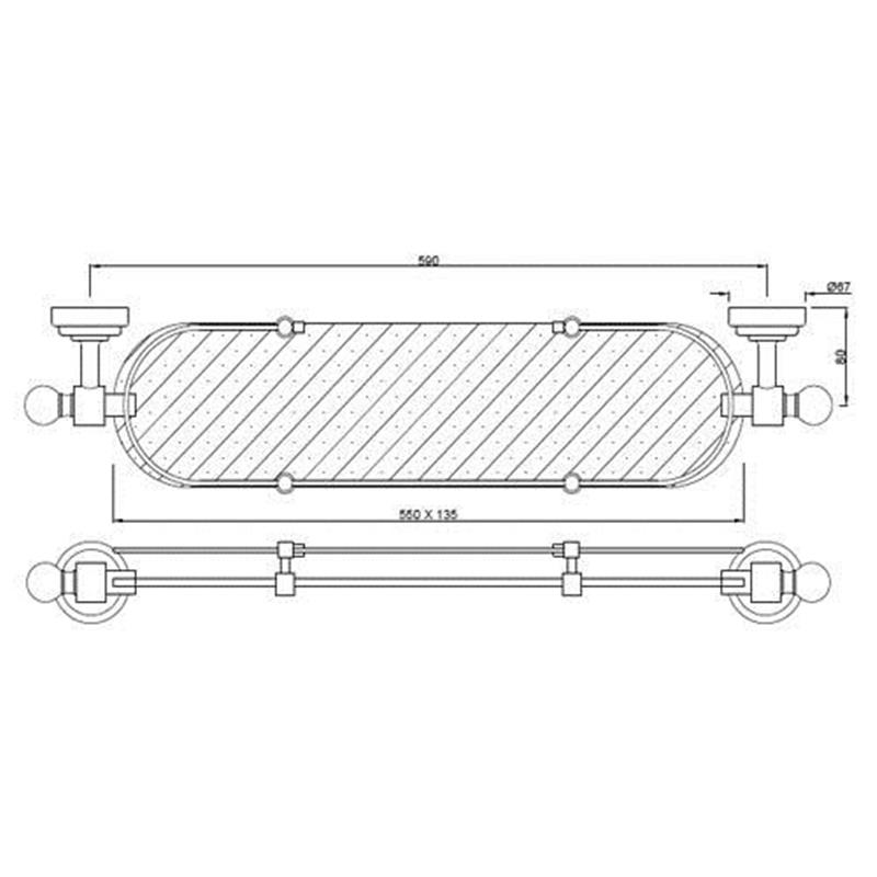 Line drawing of Queens Glass Shelf 550mm Long Queens Glass Shelf 550mm Long Specification Diagram