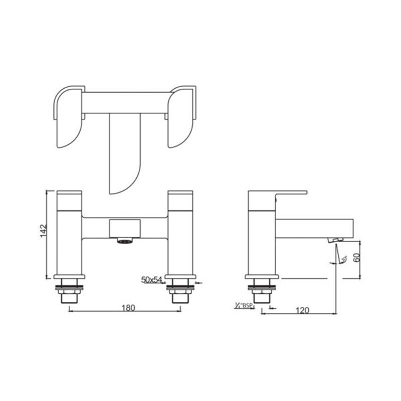 Line drawing of Alive 2 Hole H Type Bath Filler Alive 2 Hole H Type Bath Filler Specification Diagram