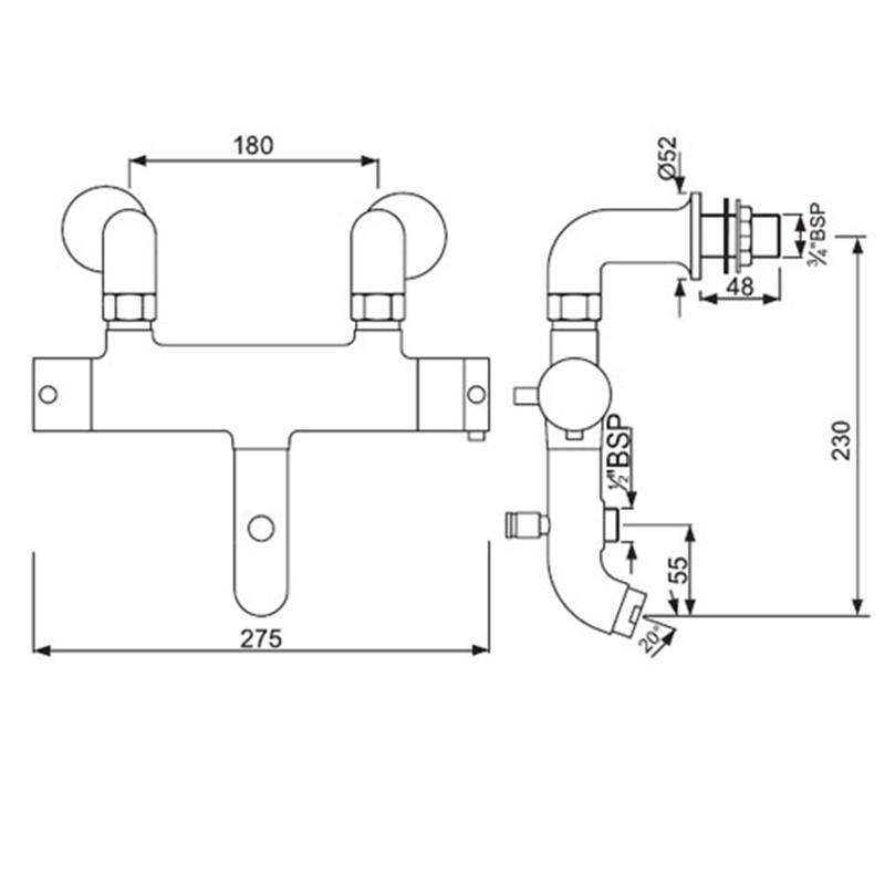 Line drawing of Florentine Thermostatic Bath & Shower Mixer, Deck Mounted, HP 1.0 Florentine Thermostatic Bath & Shower Mixer, Deck Mounted, HP 1.0 Specification Diagram