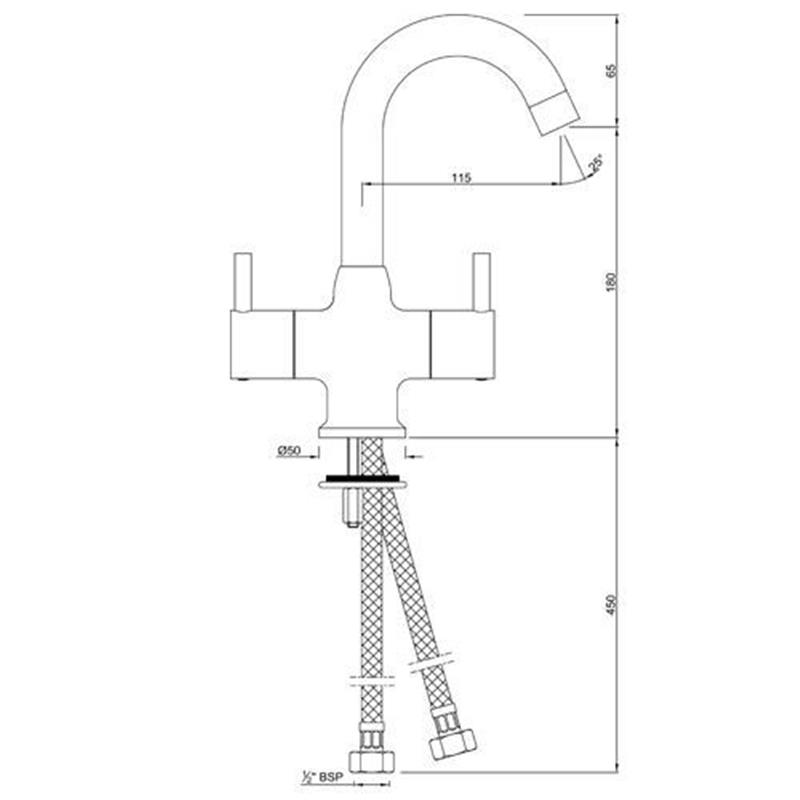 Line drawing of Florentine Monoblock Basin Mixer without Pop Up Waste, with 375mm Long Braided Hoses, LP 0.3 Florentine Monoblock Basin Mixer without Pop Up Waste, with 375mm Long Braided Hoses, LP 0.3 Specification Diagram