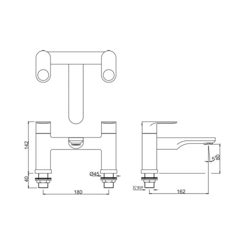 Line drawing of Opnamix Prime 2 Hole H Type Bath Filler Opnamix Prime 2 Hole H Type Bath Filler Specification Diagram