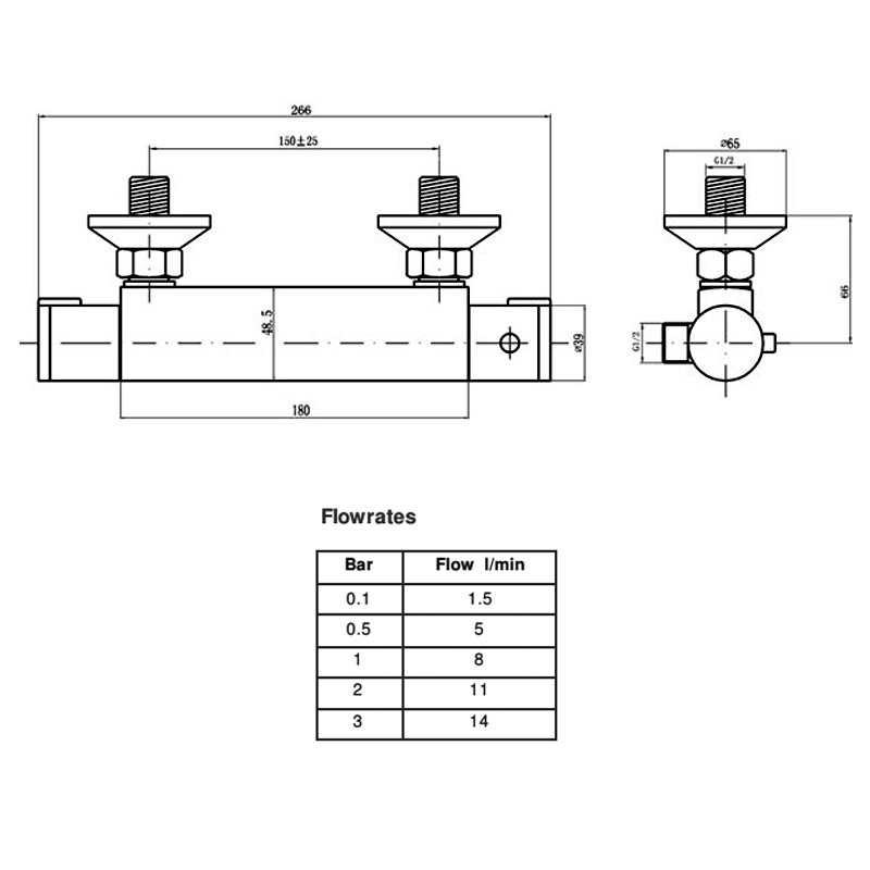 Line drawing of Chrome ABS Thermostatic Bar Valve Bottom Outlet Chrome ABS Thermostatic Bar Valve Bottom Outlet Specification Diagram