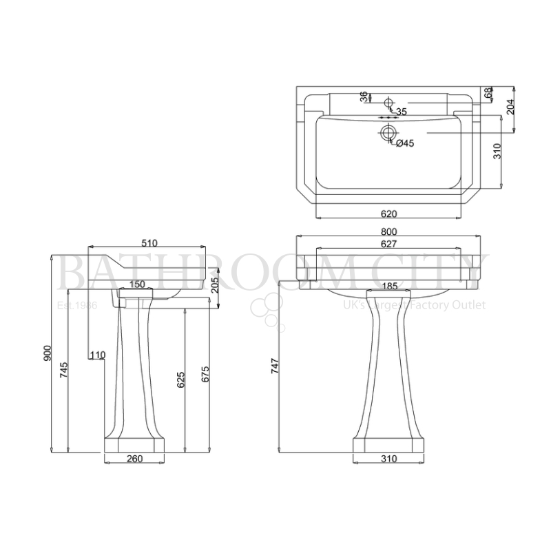 Line drawing of Edwardian Basin 80cm and standard pedestal Edwardian Basin 80cm and standard pedestal Specification Diagram