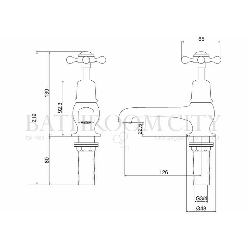Line drawing of Claremont Bath tap deck mounted Line drawing of Claremont Bath tap deck mounted