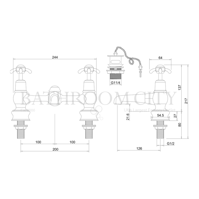 Anglesey Two Tap Hole Bridge Mixer with Swivelling Spout with Plug and Chain Waste Specification Drawing Anglesey Two Tap Hole Bridge Mixer With Swivelling Spout With Plug And Chain Waste Specification Diagram
