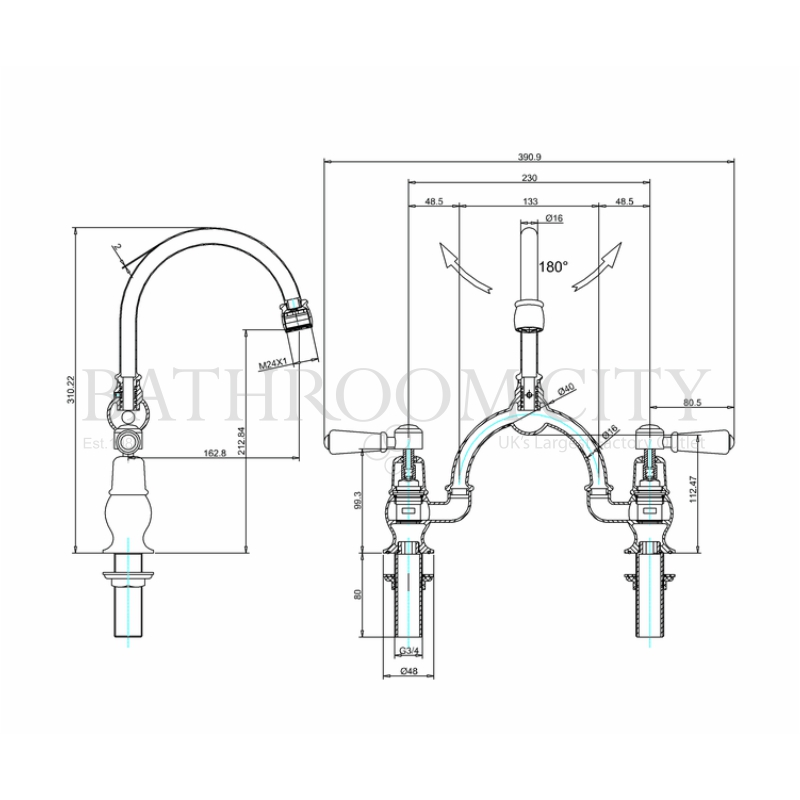 Kensington Two Tap Hole Arch Mixer Black Indice with Curved Spout (250mm Centres) Specification Drawing Kensington Two tap hole arch mixer black indice with curved spout (250mm centres) Specification Diagram