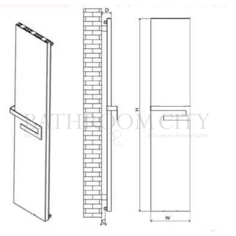 Carisa Elvino Bath Mirrored 1800 X 370 Aluminium Bathroom Radiator Specification Drawing Elvino Bath Mirrored 1800 x 370 Aluminium Bathroom Radiator Specification Diagram