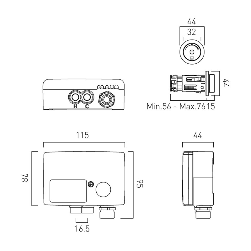 Line drawing of Sensori SmartDial Thermostatic 1 Outlet Digital Shower Valve Line drawing of Sensori SmartDial Thermostatic 1 Outlet Digital Shower Valve