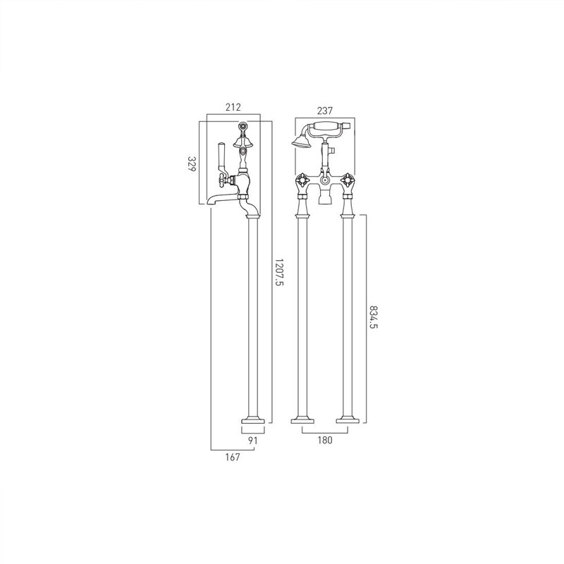 Axbridge Traditional Bath Shower Mixer: Floor Standing Tap with Shower Handset, Crosshead, Chrome or Nickel Finish Specification Drawing Axbridge Traditional Bath Shower Mixer Floor Cross Specification Drawing