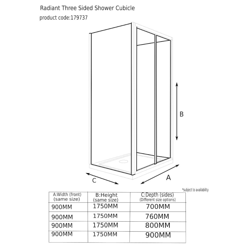 Radiant Three Sided Shower Cubicle: Bifold Door with Side Panels, Optional Tray, Reduced Height, H1750 x W900mm Specification Drawing Radiant Reduced Height 3 Sided Shower Enclosure Bifold 900 Specification Drawing