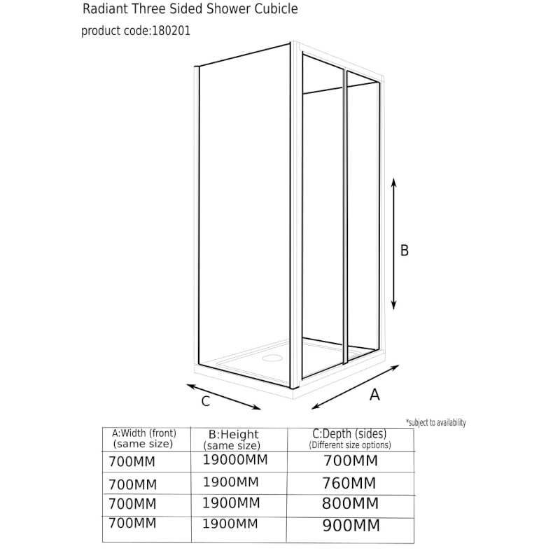 Line drawing of Radiant Deluxe 3 Sided Shower Enclosure Bifold 700 Radiant Deluxe 3 Sided Shower Enclosure Bifold 700 Reduced Heigth 1750 Specification Diagram