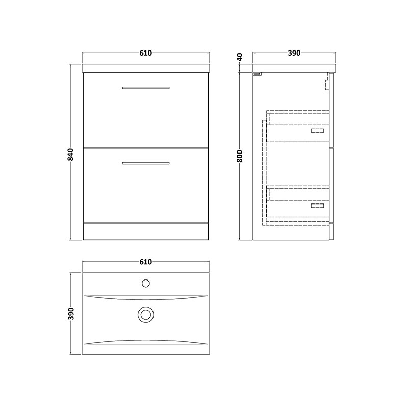 Nuie Arno Green 600mm Freestanding Vanity Drawer Unit with Basin Specification Drawing nuie arno green 600 freestanding vanity sink unit with drawers Specification Drawing