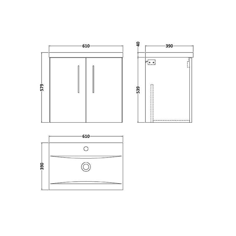 Nuie Arno Grey 600 Wall Hung Vanity Basin Unit with Doors Specification Drawing nuie arno grey 600 wall vanity basin unit with doors Specification Drawing