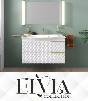 Brand Image of the Elvia Collection with White 950 Elvia Unit with Gold Handles