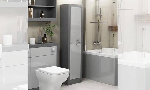 Bathroom Suite With A Grey Tallboy Storage Unit