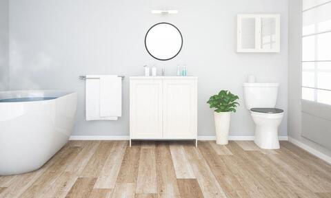 White Bathroom With Wooden Bathroom Floor