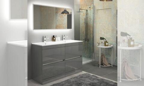 Bathroom Suite With A Grey Double Sink Vanity Unit