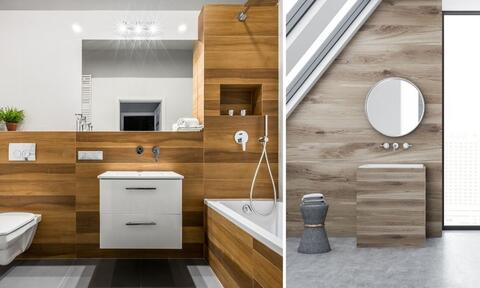 Wooden Floored Bathroom With Wooden and Stone Basin