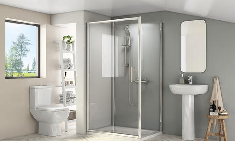 Modern Bathroom With Reduced Height Shower Enclosure, Toilet, and Pedestal Basin