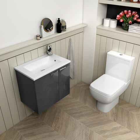 Sonix 550 Grey Cloakroom Suite: Wall Hung Basin Unit and Close Coupled Toilet