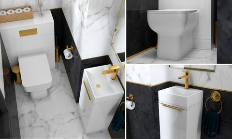 White Basin And Toilet Unit With Gold Taps And Handles