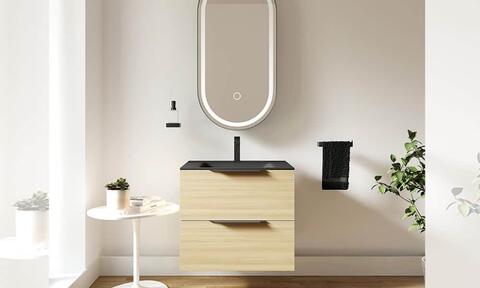 Alani 600 Oak Wall Hung Vanity Unit With Matt Black Glass Basin