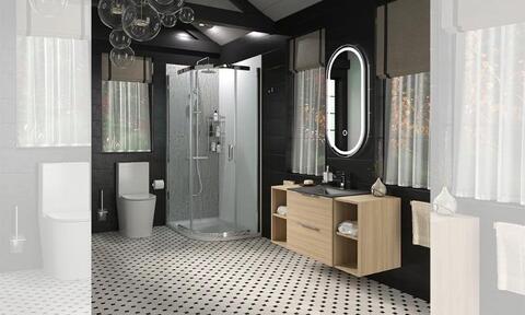 Alani Chrome Shower Suite: 1200 Oak Vanity Unit with Black Basin