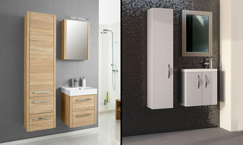 Wooden and White Tall Boy Bathroom Cabinets