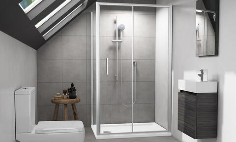 Grey Bathroom With Reduced Height Shower Enclosure At The Center