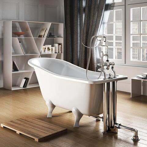 White Freestanding Bath With Feet In A Wooden Tiles Bedroom