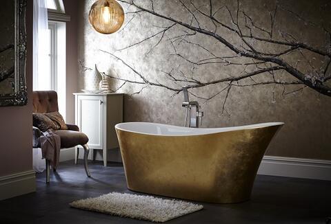 Freestanding Single Ended Gold Finish Bath In The Middle of Bedroom