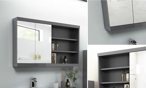 Wall Hung Grey Bathroom Storage Mirror Cabinets