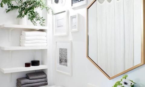 Bathroom Space With Open Shelf In The Corner