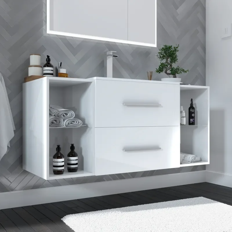 2 drawer white bathroom storage and basins