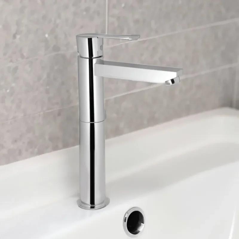 Fonte Single Lever High Neck Basin Mixer (150mm Extension Body) without Popup Waste, with 600mm Long Braided Hoses, HP 1.0