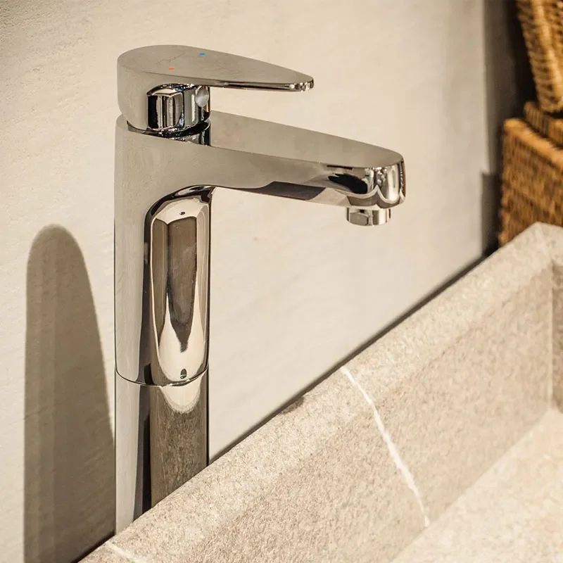 Vignette Prime Single Lever High Neck Basin Mixer (180mm Extension Body) without Popup Waste, with 600mm Long Braided Hoses, HP 1.0