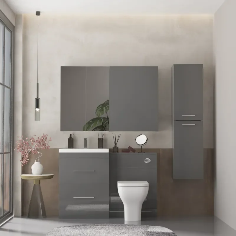Extra Product Image For Patello Bathroom Furniture Suite With Mirror Cabinet & Wall Storage (Grey Or White) 1