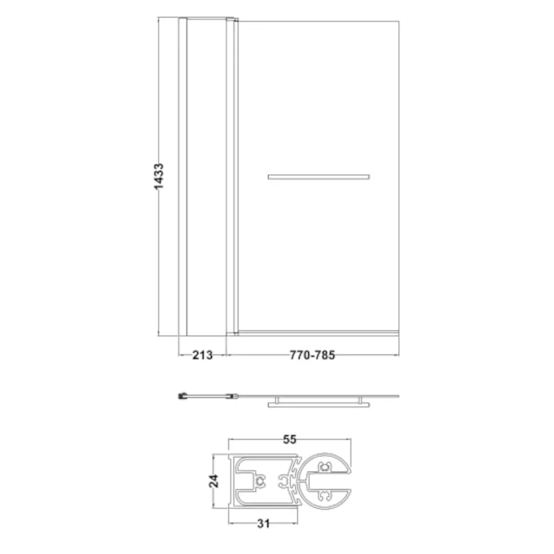 Line Drawing with Dimensions for Bath Screen with Fixed Panel