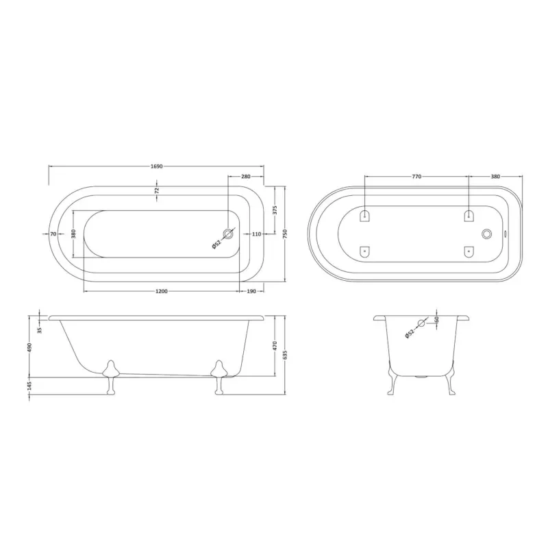 Line Drawing for Bayswater Sutherland 1700mm Freestanding Bath