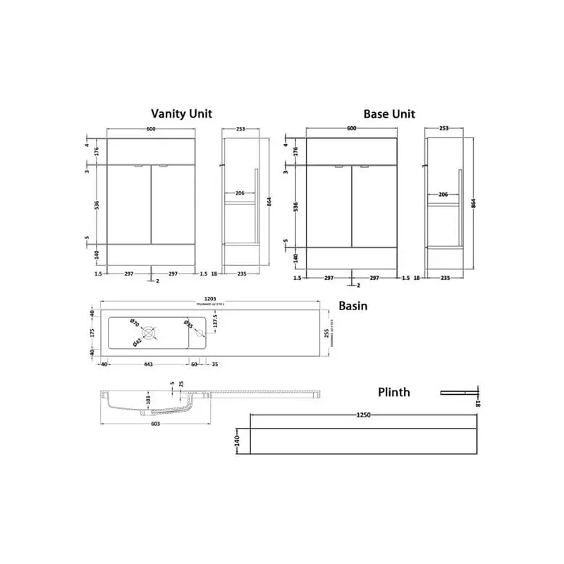 1200 Slimline Cloakroom Bathroom Unit option 2 (colour options)