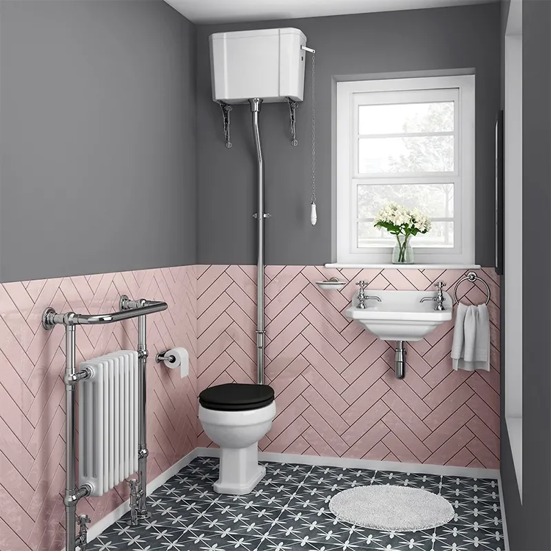Regal High Level Toilet Pan With Brushed Aluminium Cistern and Flush Kit