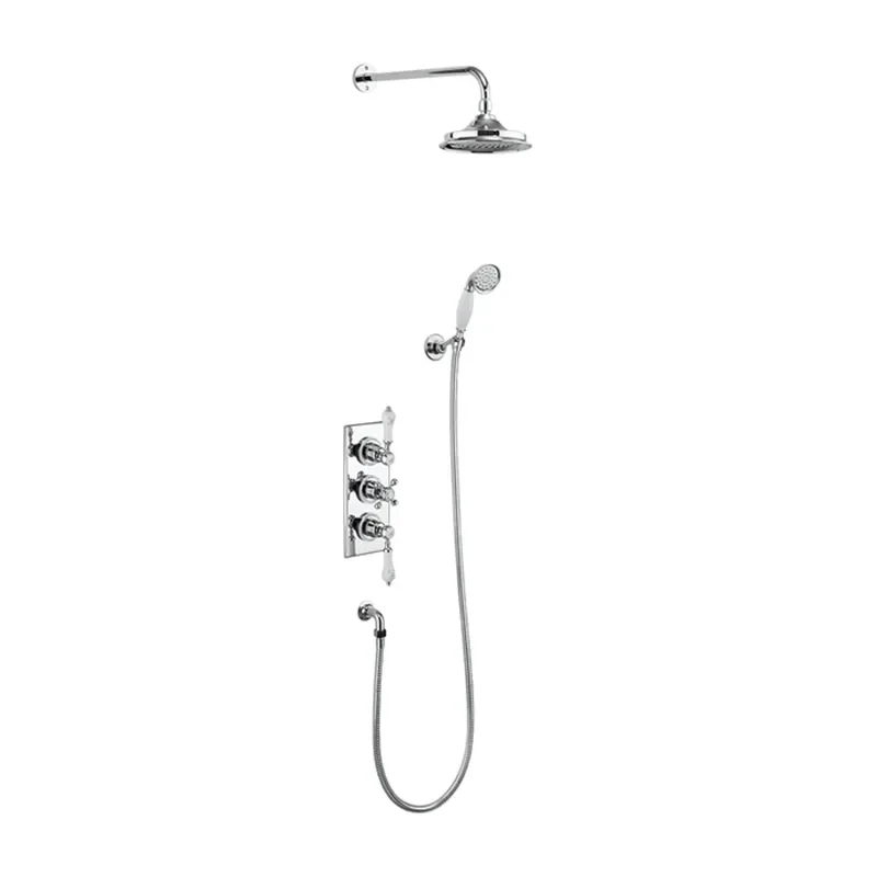 Trent Thermostatic Two Outlet Concealed Shower Valve , Fixed Shower Arm, Handset & Holder with Hose, 6 inch shower head