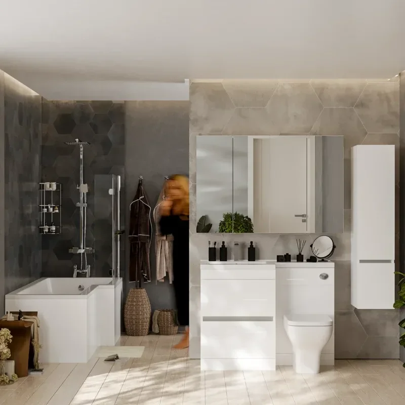 Pemberton L shape Bath Bathroom Furniture Suite White